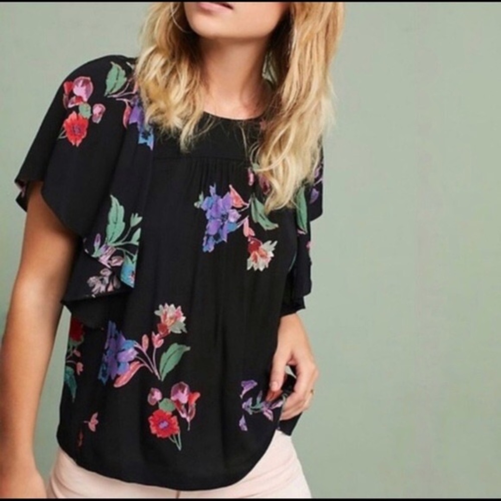 Anthropologie Black Floral Flutter-Sleeve Blouse with Multicolor Blooms